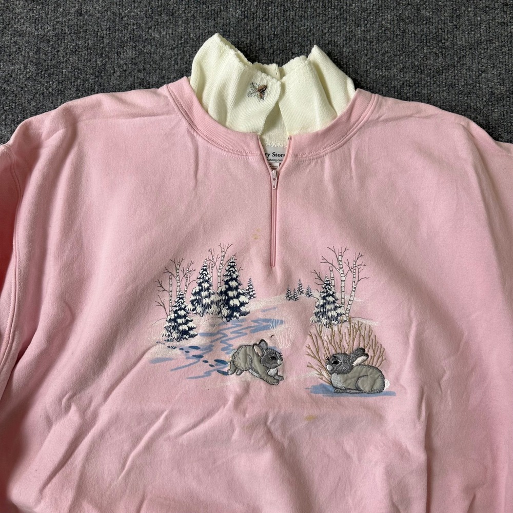 Country Store Sweatshirt Womens Size 3XL Pink Embroidered Bunny Mock Neck Zip